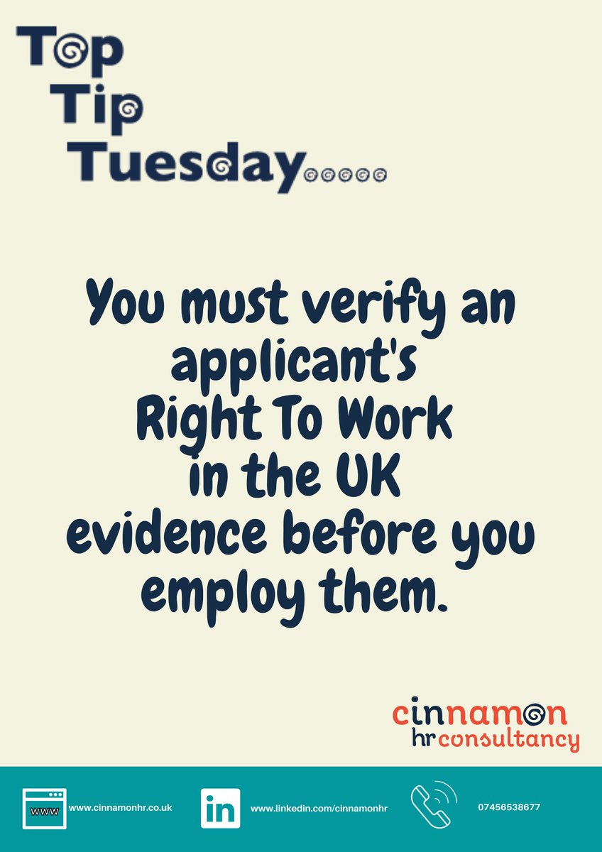 It's #toptiptuesday and a simple but important reminder... Right To Work Checks are a legal requirement for all UK employers! Do reach out if you have any questions 👇🏻
