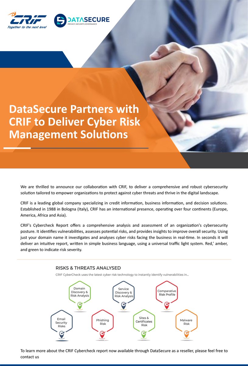 DataLlp's tweet photo. We are elated to announce our partenrship with CRIF to deliver cyber risk management solutions!

To know more head get in touch with us at - https://t.co/QcmExjngjk

#privacy #crif #datasecure #cyberrisk #dataprivacy #dataprotection https://t.co/5fnNGlHyrl