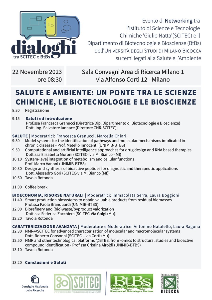 CNR - SCITEC (@cnr_scitec) on Twitter photo 📢 Salute e Ambiente: un ponte tra le scienze chimiche, le biotecnologie e le bioscienze
Evento 'Dialoghi tra il CNR e l'Accademia' giornata di Networking tra <a href="/unimib/">Università degli Studi di Milano-Bicocca</a> e <a href="/cnr_scitec/">CNR - SCITEC</a>
📆 22-11-2023 ⏰08:30-13:20
presso Sala Convegni Area Ricerca Milano
#dialoghi #CNRD
Programma ⤵️ 📢 Salute e Ambiente: un ponte tra le scienze chimiche, le biotecnologie e le bioscienze
Evento 'Dialoghi tra il CNR e l'Accademia' giornata di Networking tra <a href="/unimib/">Università degli Studi di Milano-Bicocca</a> e <a href="/cnr_scitec/">CNR - SCITEC</a>
📆 22-11-2023 ⏰08:30-13:20
presso Sala Convegni Area Ricerca Milano
#dialoghi #CNRD
Programma ⤵️