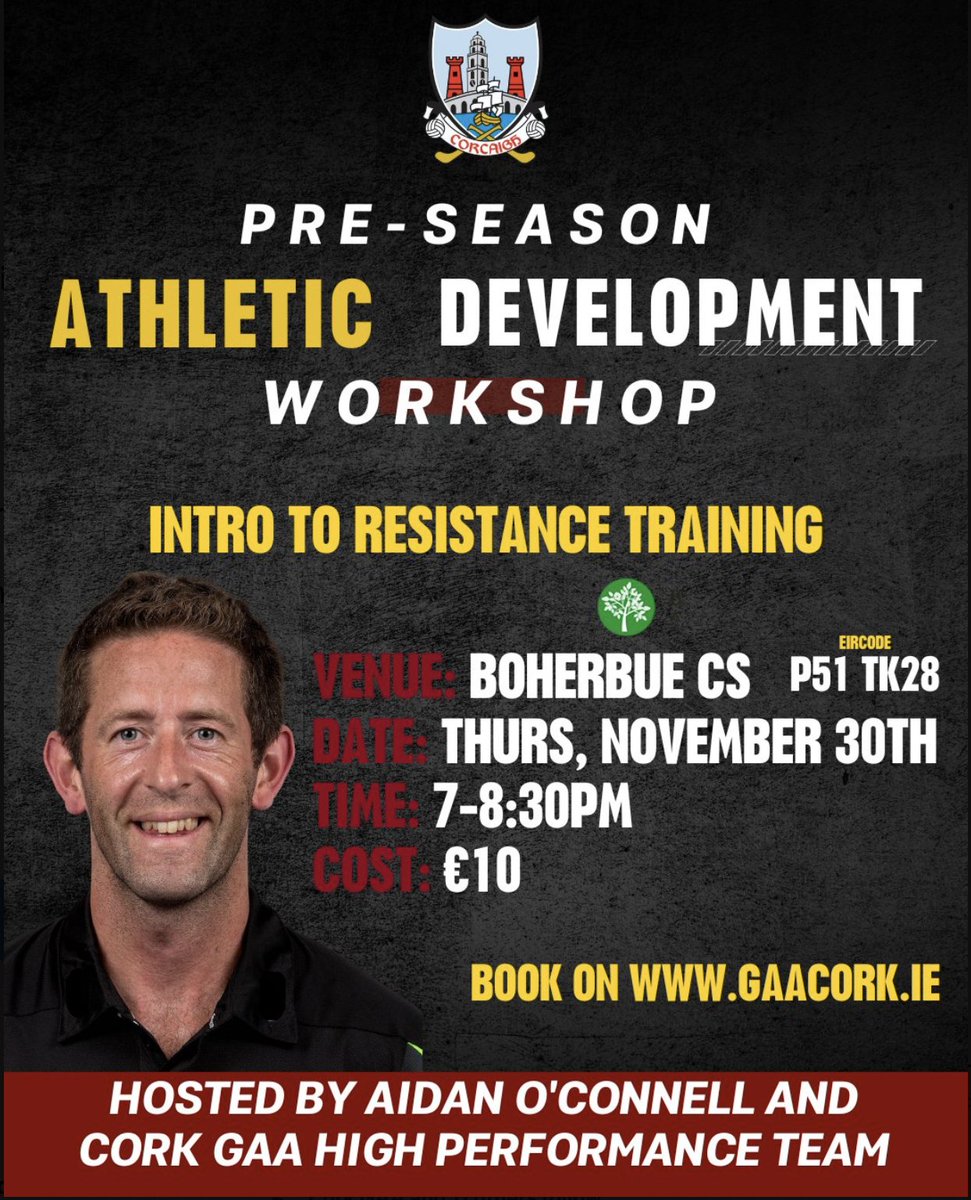 Looking forward to bringing the 'Introduction to Resistance Training'  workshop to Boherbue next week.
This session will focus on exercise prescription, programming and session design for the youth and beginner athlete.
@OfficialCorkGAA @DuhallowGAA @AvondhuGAA @BoherbueC