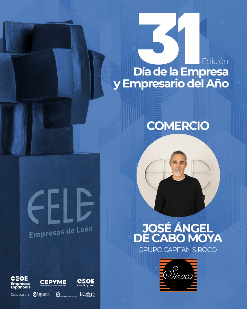 leonescomercio's tweet photo. 🏆Ya tenemos premiado con Mención Especial por el sector comercio de #feleleon ¡Enhorabuena a José Ángel del Cabo Moya de @capitansiroco! Un homenaje que recibirá el viernes, 24 de noviembre, durante la Gala del Día de la Empresa. Reconocimiento al trabajo de todo el comercio 👏 https://t.co/bgaUcZMNpG