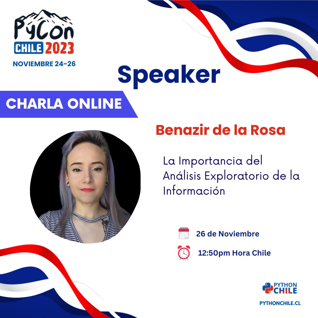pythonchiledev's tweet photo. 📢 Estamos emocionados de presentar a Benazir de la Rosa, como una de nuestras speakers de #PyConChile23.🇨🇱🐍
Acompáñanos en su charla en línea este Domingo 26 de noviembre. ¡Una sesión imperdible para los entusiastas de #Python!
Regístrate aquí:👇
https://t.co/1IH8jNWZml https://t.co/DnL6qCRutj