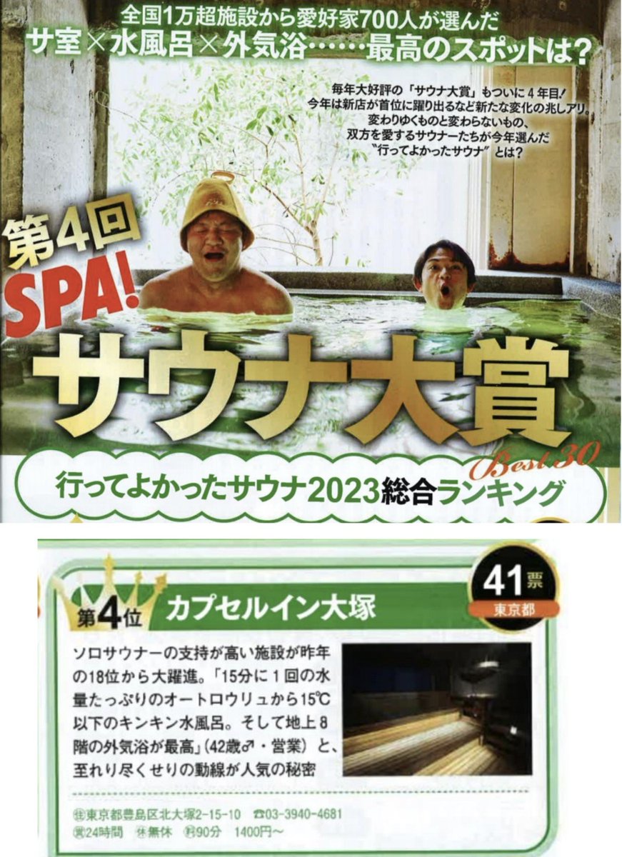 うおおおおおおぉぉぉぉぉ！！！！！
キタキタキタキタキタァァァァ！！！！
我がカプセルイン大塚！！！（略してCIO）

第4回SPA❗サウナ大賞
『行ってよかったサウナ2023』

【総合ランキング】
な、な、な、なんと！？
前年度からウルトラジャンプアップ‼️
第4️⃣位‼️‼️‼️
（2020年ランク外）…