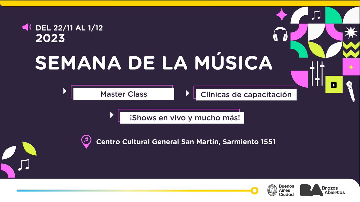 Llega la #SemanaDeLaMúsica 🎸 

Del 22/11 al 1/12 Vení a disfrutar y participar de clases, clínicas musicales, demostración de productos, shows en vivo, actividades gratuitas, promociones y descuentos en los locales del #PaseodelaMúsica. 

Inscribite en formulariosgcba.gob.ar/ZX02zPn7Q2XPOx…
🎵