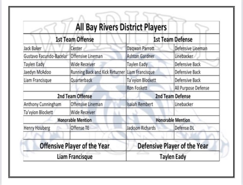 WarhillF's tweet photo. Congratulations  @WarhillF 🏈All Bay Rivers District Players! Special shout-out to Liam (O) and Taylen (D) on being named players of the year❗️And our very own Coach Rhodes on being named BRD 🏈 Coach of the Year❗️ Congratulations to all‼️ https://t.co/nLXkhf5Wmw