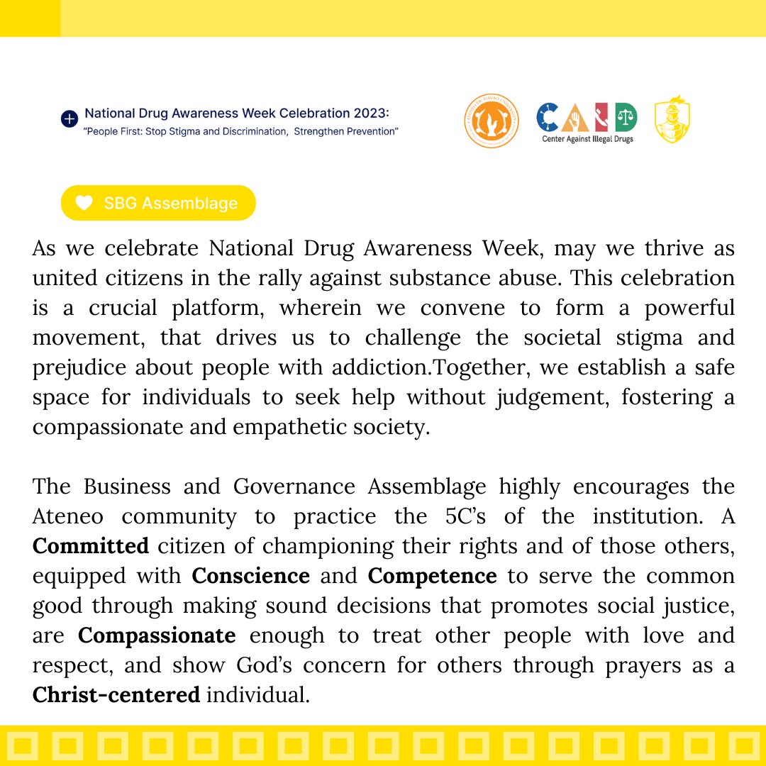 COA_Davao's tweet photo. Join us in the collective effort to make a difference! Explore the incredible Message from different assemblages as we commemorate National Drug Awareness Week 2023. Each piece reflects the theme, "People First: Stop Stigma and Discrimination, Strengthen Prevention." 💊 https://t.co/FIECLYPYNS