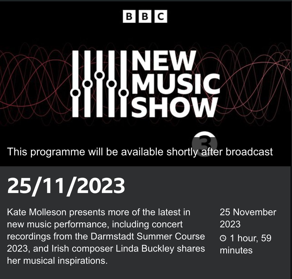 I’m featured on BBC Radio 3’s New Music Show this Saturday talking about some of my musical inspirations, including music from Éliane Radigue, Donnacha Dennehy, John Luther Adams, Caterina Barbieri and Brìghde Chaimbeul. bbc.co.uk/programmes/m00…