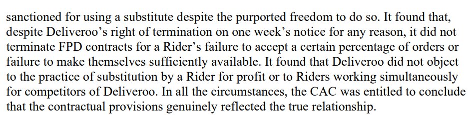 UK SC judgment in the Deliveroo case supremecourt.uk/cases/uksc-202… Bad news for @IWGBunion as the SC held that its riders are not in an 'employment relationship' for the purposes of A11 ECHR. The 'substitution clause' in their contract proved fatal to the claim - paras 69-70 👇
