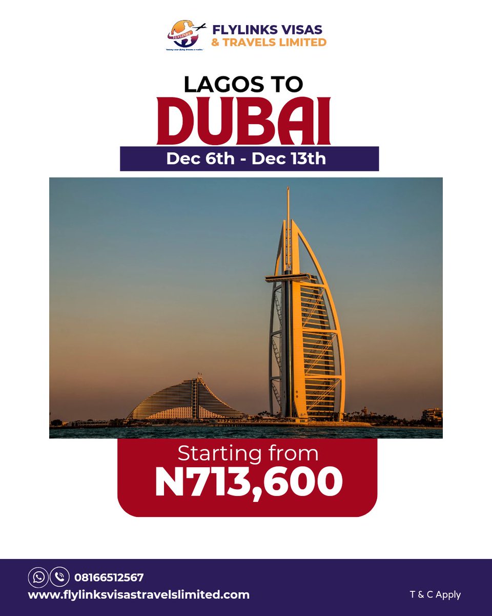 Book your next flight to Dubai with this unbeatable deal. 

#flightdeals #flylinksvisasandtravels #affordableflights