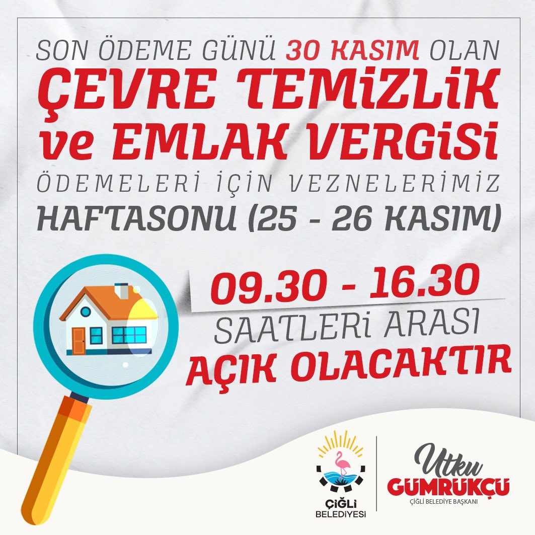 ♦️Emlak ve Çevre Temizlik Vergisi taksit ödemeleri için veznelerimiz hafta sonu (25-26 Kasım) 09.30-16.30 saatleri arası açık olacaktır.

İnternet üzerinden ödemek için:
🌐 e-belediye.cigli.bel.tr/ui/#/default