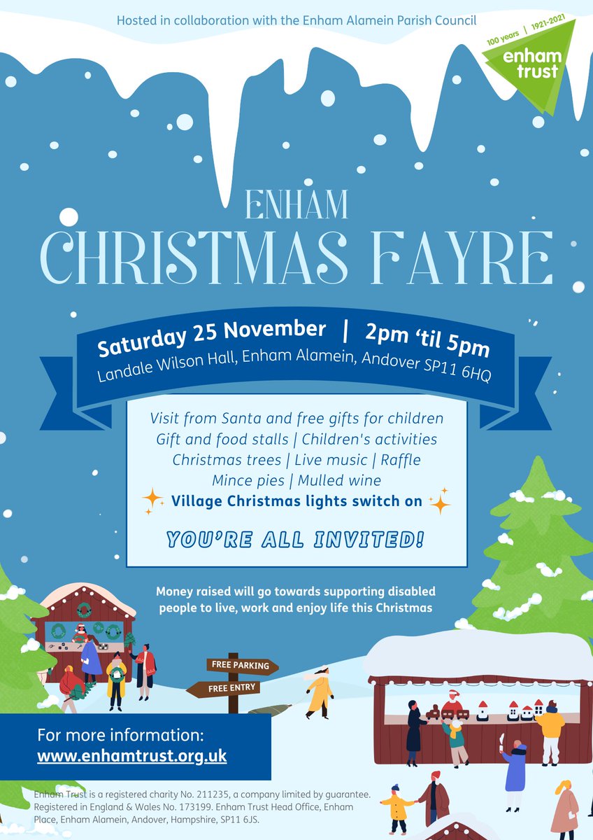 Our annual #EnhamChristmasFayre returns THIS SATURDAY! 🎄

Join us for a festive celebration at Landale Wilson Hall, SP11 6HQ from 2pm until 5pm.

VILLAGE LIGHTS SWITCH ON ◼️ LIVE MUSIC ◼️ MEET SANTA ◼️ CHRISTMAS TREES ◼️STALLS ◼️REFRESHMENTS ◼️ RAFFLE ◼️ PLUS SO MUCH MORE!