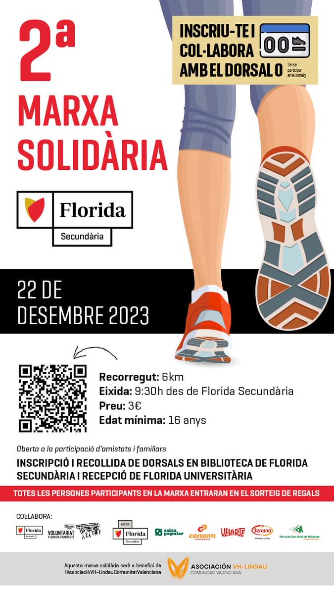 FloridaSec's tweet photo. 👟II Marxa Solidària👟
Vos convidem el pròxim 22 de desembre a les 9.30h. a participar en la 2ª Marxa Solidària de Florida Secundària. Els diners recaptats es destinaran a l’Associació VH Lindau CV. Una bona causa i una magnífica oportunitat per retrobar-nos. #FloridaSecundària https://t.co/WnsivLhGez