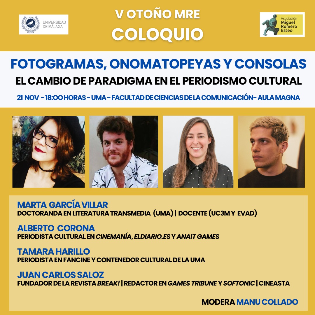 GoStreamingGo's tweet photo. Hoy coloquio de periodismo: FOTOGRAMAS, ONOMATOPEYAS Y CONSOLAS organizado por @laromeroesteo
Moderado por @escollado con @THarillo @Nelvalay @AlCoronaG y @jcsaloz
En el aula magna de @InfoUMA
#GoStreaming 🎥📷 https://t.co/lMki9GKQuW