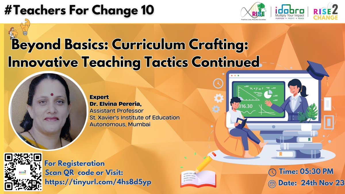 Rise2Change_'s tweet photo. 🌟 Dr. Elvina Pereria returns! Join her on Nov 24, 5:30 - 6:30 p.m. for advanced teaching tactics. Elevate your methods and innovate education! Register: https://t.co/i3kRoIm9sQ #TeachingExcellence #InnovationInEducation 🚀 https://t.co/MJvL9gtQGc