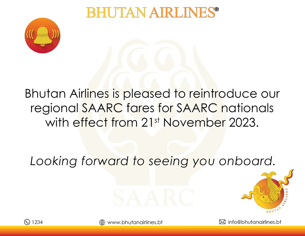 Bhutan_Airlines's tweet photo. 📢 𝐀𝐍𝐍𝐎𝐔𝐍𝐂𝐄𝐌𝐄𝐍𝐓
Bhutan Airlines have brought back our Regional SAARC fares for SAARC nationals starting from 21st November, 2023.
Book your tickets now and get ready for an incredible adventure!
#bhutanairlines #saarccountries #flightfares #saarcnationals https://t.co/rOxJcH5zsb