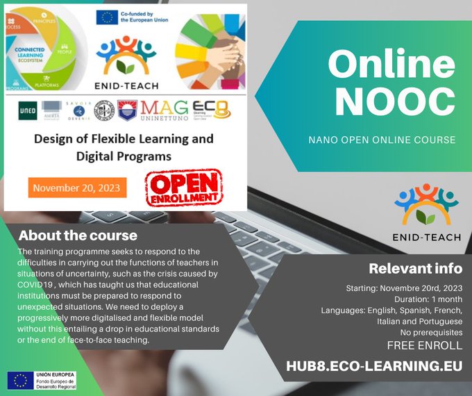 ¿quieres formarte en metodologías digitales? Desde el proyecto europeo #enidteachproject te ofrecemos forma 5 cursos, 25h cada uno . #UNED #ReCoin_Tad
Gratuito y multilingüe
¡Metodologías invertidas!

enidteach.eu/courses/