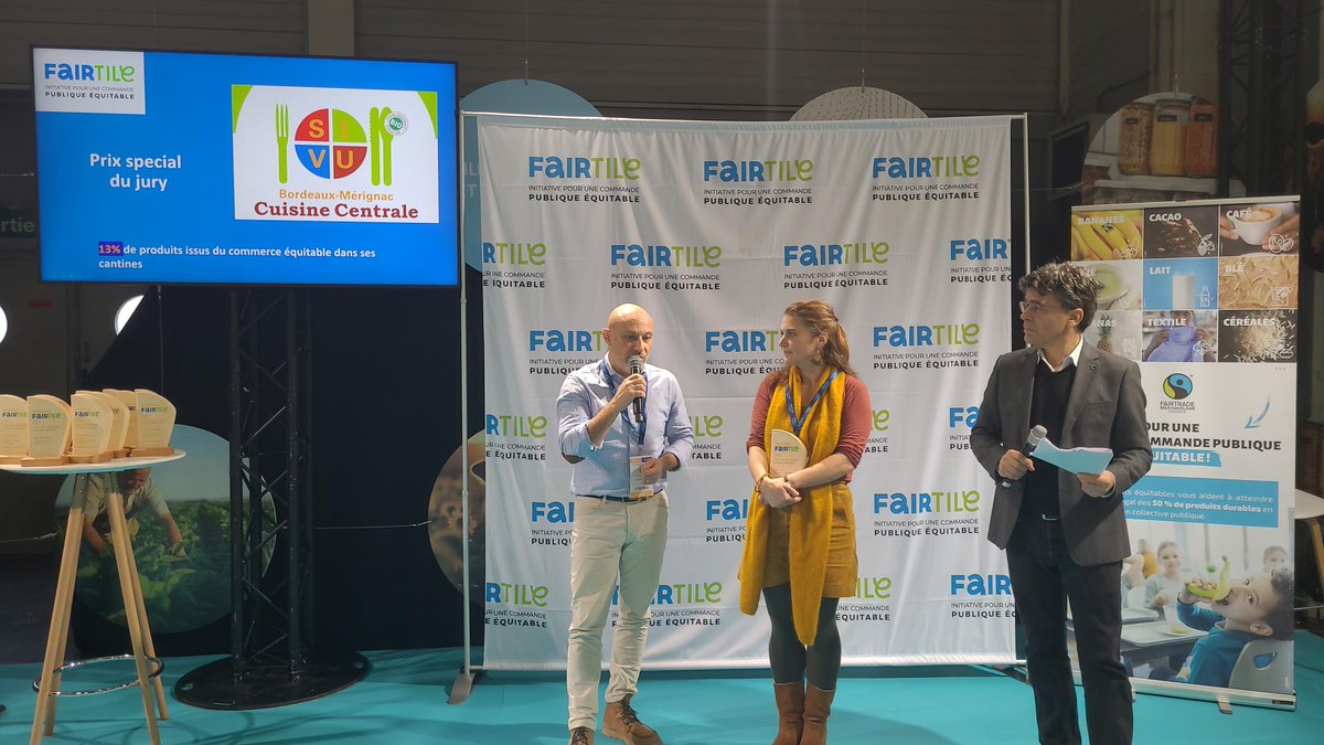 MaxHavelaarFr's tweet photo. Avec 13% de produits issus du #commerceequitable dans ses cantines, la ville de Bordeaux-Mérignac remporte le grand prix spécial du jury à l'occasion de la 1ère remise des Trophées #Fairtile pour une #commandepublique équitable

@salondesmaires #SMCL2023 https://t.co/VzKzgozP61