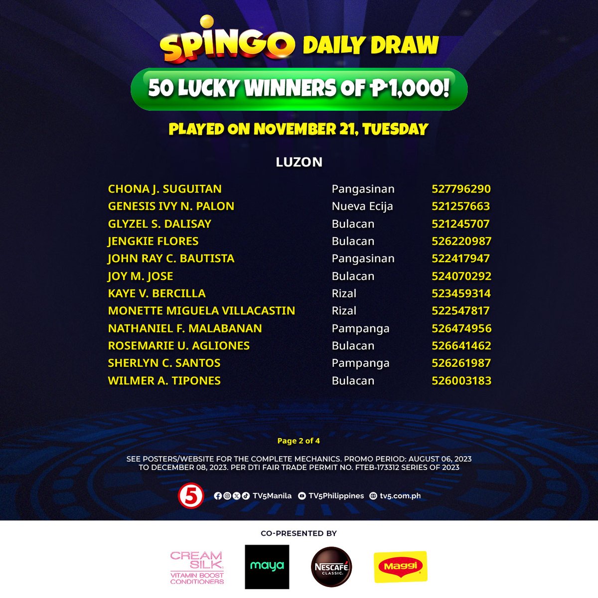 TV5manila's tweet image. Literal na #Blessed talaga ngayong Tuesday, November 21, ang Pinduteros at Pinduteras na nanalo at makakatanggap ng Daily Consolation Prize na P1K mula sa #SpinGo! 🥳