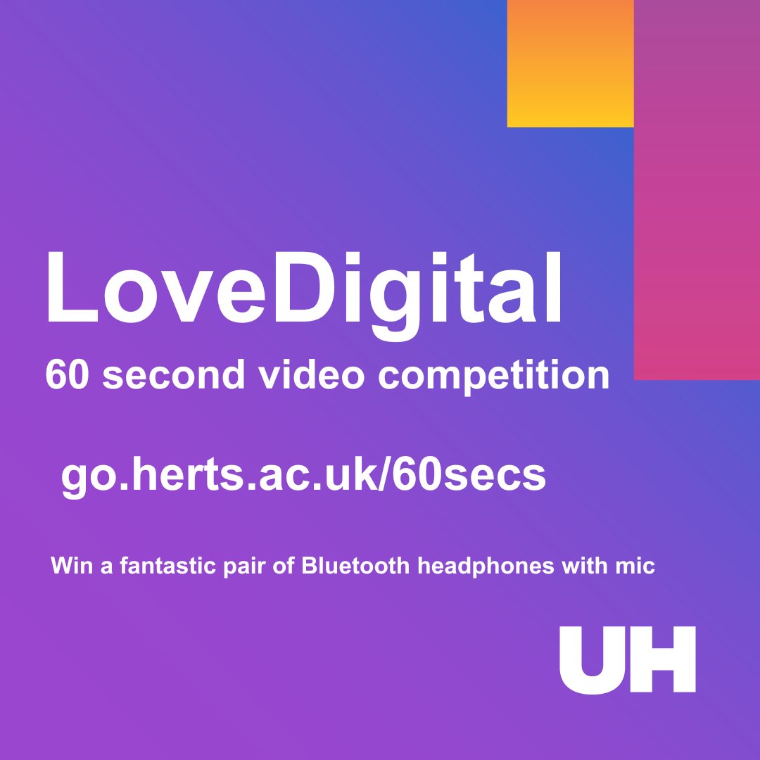 Take 60 seconds to tell us about your journey to digitally capable and confident @uniofherts to be in with a chance of winning a pair of Bluetooth headphones with mic. Competition closes on Wednesday 13th December. #digitalherts go.herts.ac.uk/60secs