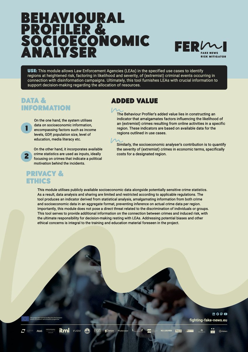 fermi_project's tweet image. 💭 Do you know the value of Behavioural Profiler &amp;amp; Socioeconomic Analyser offer to #LEAs in fighting crime with connection with #disinformation campaigns? 

Read more about this key #FermiEU result in the project's e-brochures ⬇️
fighting-fake-news.eu/sites/default/…