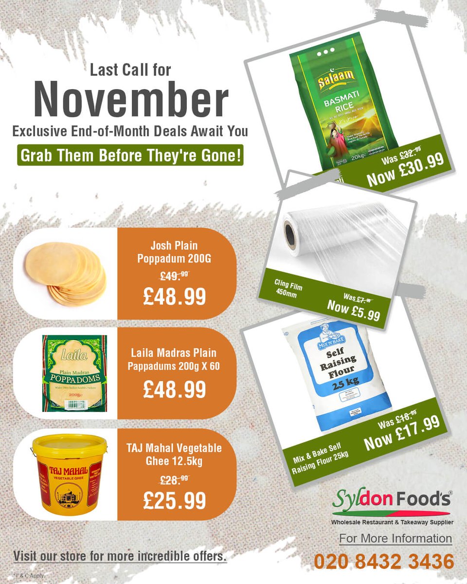 This November, we're serving up a feast of incredible deals just for you!🌟Stock up on top-quality ingredients and essential supplies at unbeatable wholesale prices.

Call us on ☎️ +44 20 8432 3436 for more amazing deals
or Visit -www.syldonfoods.co.uk

#indiancusine #syldonfoods