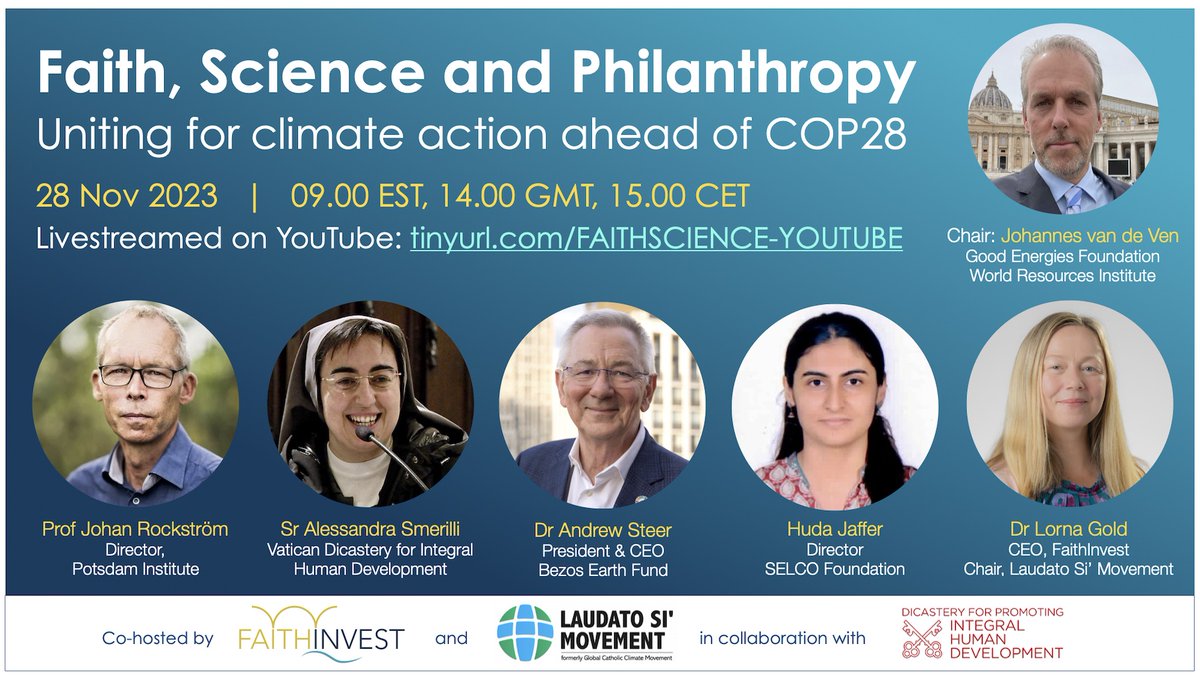 We are at a pivotal moment in the #ClimateCrisis. How can we scale up urgent action? FaithInvest &amp; <a href="/LaudatoSiMvmt/">Laudato Si' Movement</a> host a webinar next Tues chaired by <a href="/Johannes_vandeV/">Johannes van de Ven</a>, with <a href="/jrockstrom/">Johan Rockström</a>, <a href="/ASmerilli/">Alessandra Smerilli</a>, <a href="/DrAndrewSteer/">Andrew Steer</a>, <a href="/gold_lgold/">🌍Lorna Gold 🌏</a> &amp; Huda Jaffer to answer the key question of our age.
