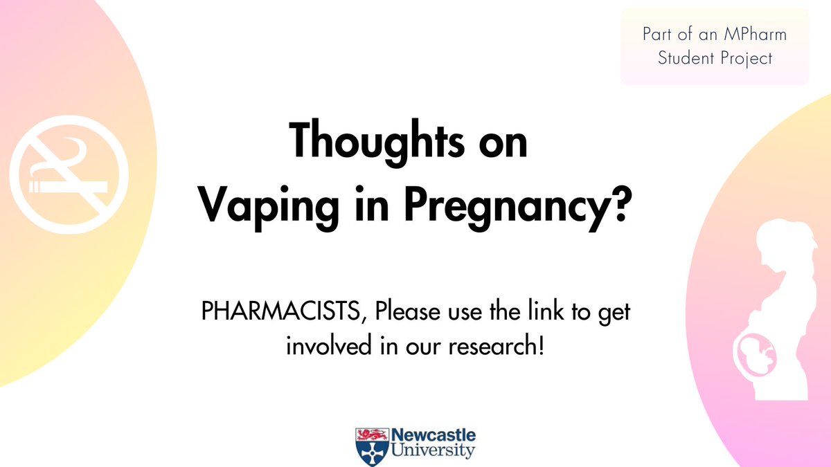 Pharmacists, please consider sharing your views on vaping in pregnancy, as part of a student project.
Please use the link to get involved it this much needed research! newcastle.onlinesurveys.ac.uk/eligibility-qu…

#pharmacy #pregnancy <a href="/KernowPharmacy/">Community Pharmacy Cornwall</a> <a href="/CPGreaterManc/">Community Pharmacy Greater Manchester</a> <a href="/PharmacyHumber/">Community Pharmacy Humber (Humber LPC)</a>