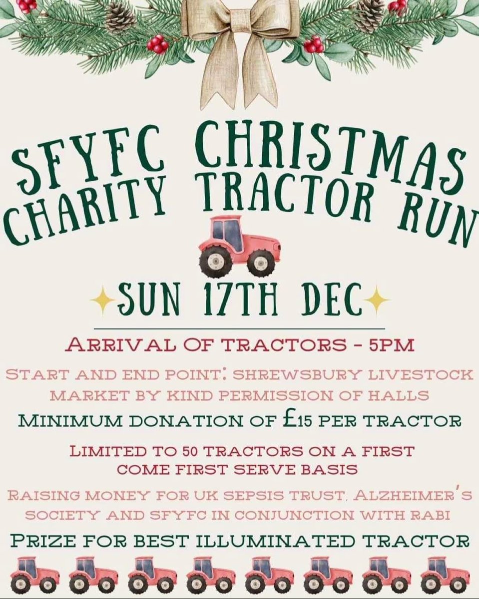 We all love a Christmas tractor run! Sign up here form.jotform.com/ShropYFC/tract…
<a href="/UKSepsisTrust/">The UK Sepsis Trust</a> <a href="/alzheimerssoc/">Alzheimer's Society</a> <a href="/SFYFC/">Shropshire YFC</a> <a href="/RABIcharity/">RABI - the farmers charity</a>
