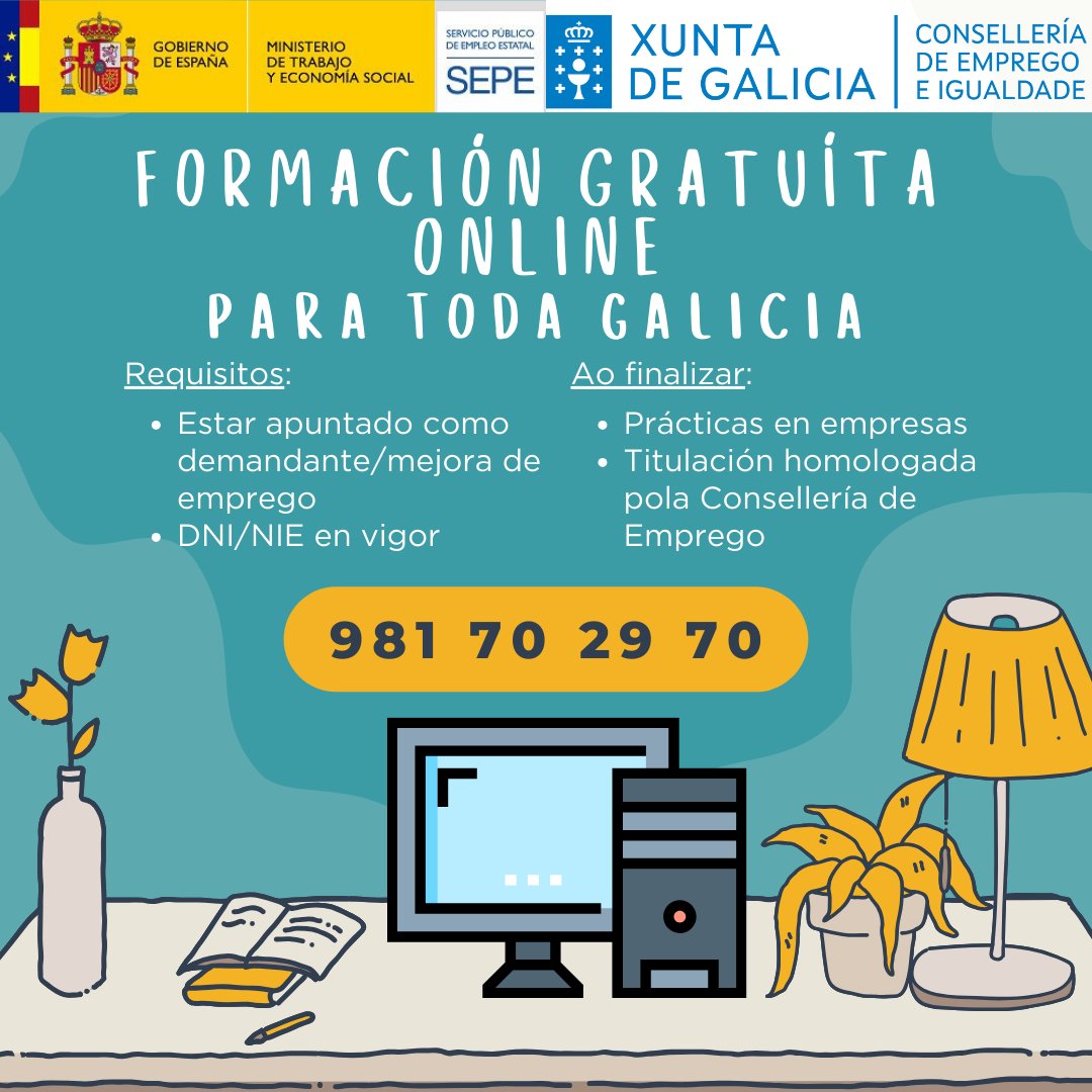 Formación gratuíta e homologada para xente da Comunidade de Galicia ⬇️⬇️

Con prácticas en empresas! 🏬

Matrículas ABERTAS!

☎🎓✅

Chámanos!

981 702 970

658 790 268