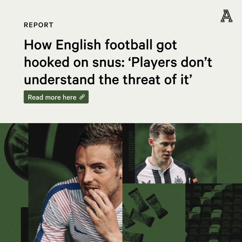 TheAthletic's tweet photo. Manchester United and Manchester City players are among those to have been pictured with it.

Despite its health risks, snus is everywhere.