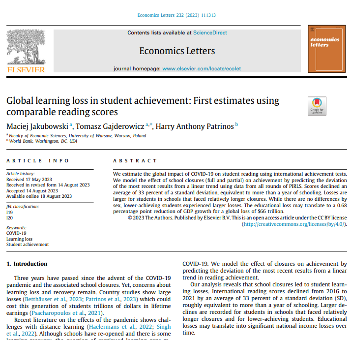 New analysis of 55 countries in PIRLS - int'l 4th grade reading test COVID induced school closures led to educational loss of more than a year of schooling. Learning losses are larger for those who faced relatively longer school closures. sciencedirect.com/science/articl…