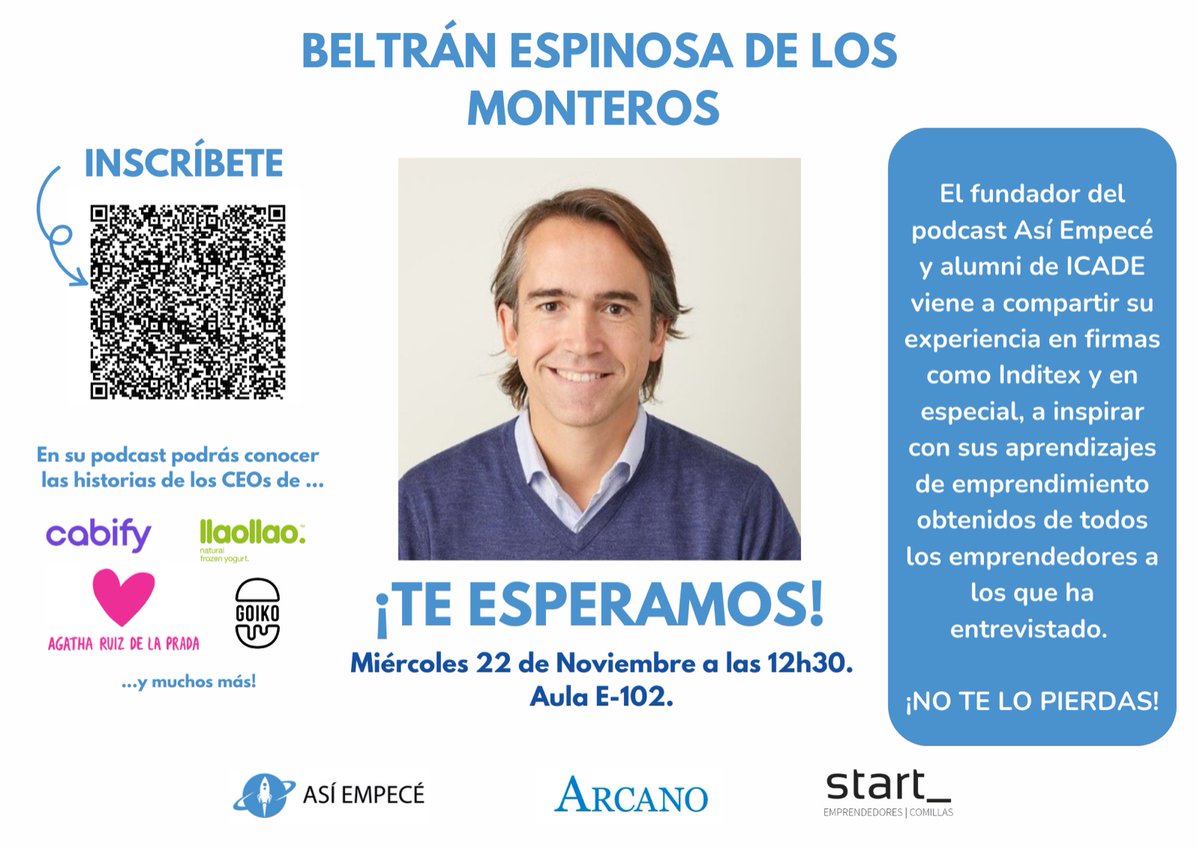 📢Mañana, miércoles 22 de noviembre, tienes una cita en el aula E-102 de ICADE con Beltrán Espinosa de los Monteros para compartir los aprendizajes con emprendedores que ha conseguido en su podcast 'Así Empecé'.🎙️🔝

➡️Inscríbete aquí:  docs.google.com/forms/d/e/1FAI…