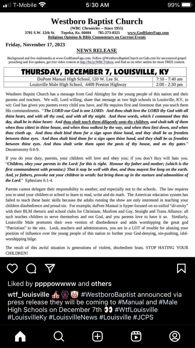 RaiseYrVoiceKy's tweet photo. @GHFWBC is this for real? 

Westboro Baptist is allegedly coming to two Louisville schools. https://t.co/D317DXcqYn