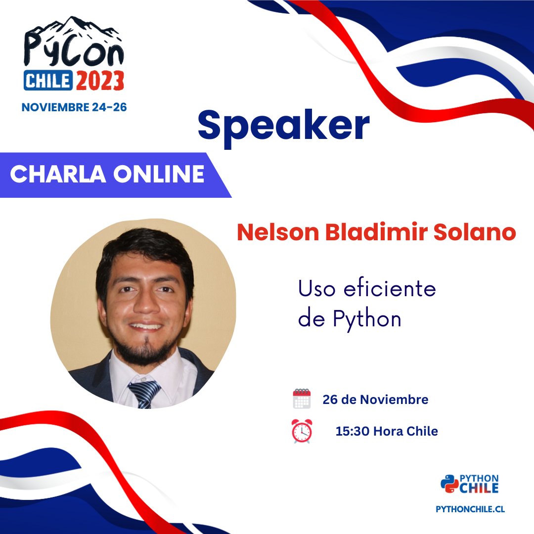 pythonchiledev's tweet photo. 📢 Estamos emocionados de presentar a Nelson Bladimir Solano, como uno de nuestros speakers de #PyConChile23.🇨🇱🐍
Acompáñanos en su charla en línea este Domingo 26 de noviembre. ¡Una sesión imperdible para los entusiastas de #Python!
Regístrate aquí:👇
https://t.co/1IH8jNWZml https://t.co/ytAmAlPL5q