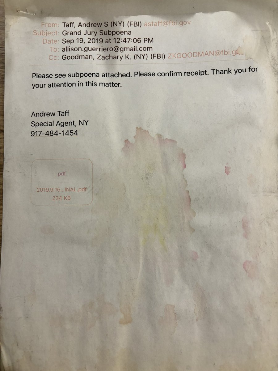 AllisonGuerrier's tweet photo. Remember that time @NewYorkFBI emailed me that GJ subpoena to be their witness against Kenny Kurson? BECAUSE I DO!!! And there’s a lot more to this. It was that grand jury which impoverished me. And all these later I STILL haven’t paid off THAT legal bill. #FuckFBI https://t.co/41zzVqAwvB