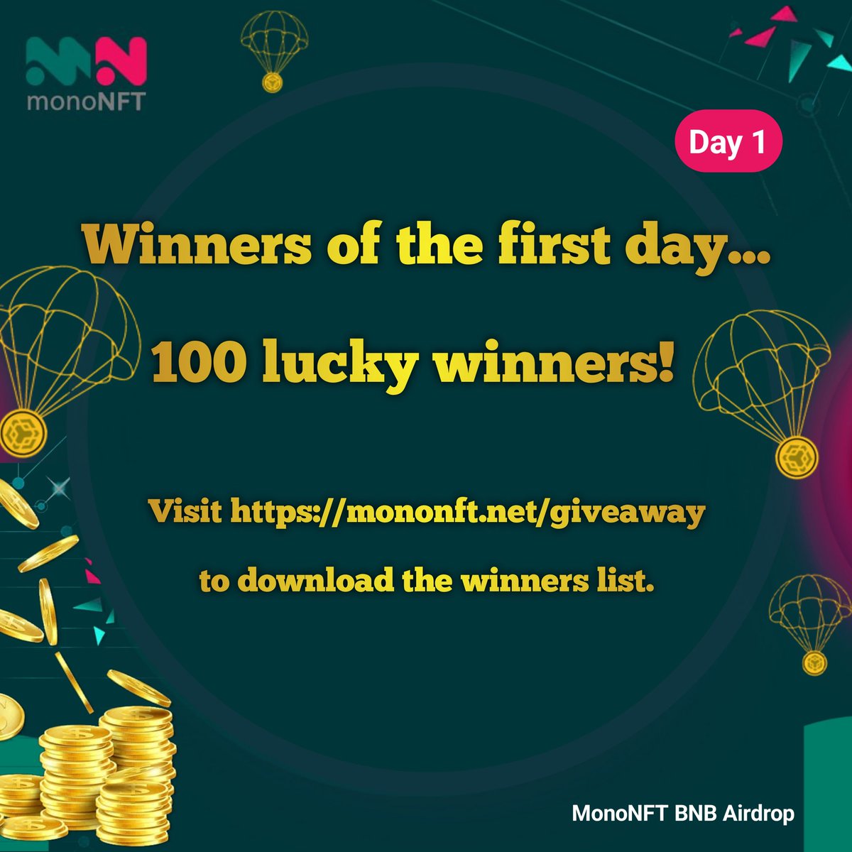 Visit MonoNFT.net/Giveaway
to Download the first day Winners List.
Four more days to go.🤑

We will have 100 winners per day during our BNB airdrop event.💰🤩

#airdrop #bnb #giveaway #cash #trade #wealth #prize #winner