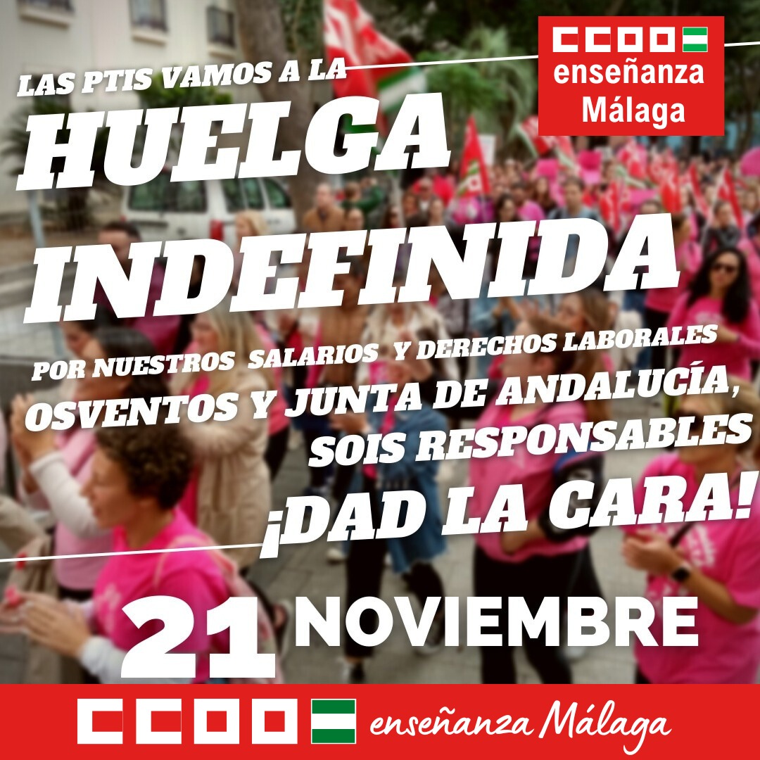 🔥 Las PTIS dicen SE ACABÓ. ¡La única solución es la subrogación!
🤬 @EducaAnd y @Osventos_, dad la cara.
💚 Apoya a tus compañeras en lucha.
💪💪 CCOO por la pública y con sus trabajadores y trabajadoras.
@ccoomalaga @CCOO_CG @feccoo @feccooand