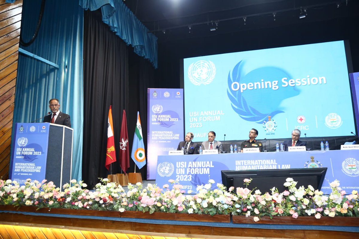 ICRC_nd's tweet photo. The two-day Annual Forum on IHL and Peacekeeping, jointly organized by @USIofIndia, @ICRC &amp; CUNPK, commenced today with remarks from Kedir Awol Omar, HoRD, @ICRC_nd; Lt Gen JP Mathew, Chief of IDS, MoD; Amb. Asoke Mukerji; Maj Gen BK Sharma, DG USI &amp; Maj Gen PK Goswami, DDG, USI. https://t.co/BEYISHEMEe