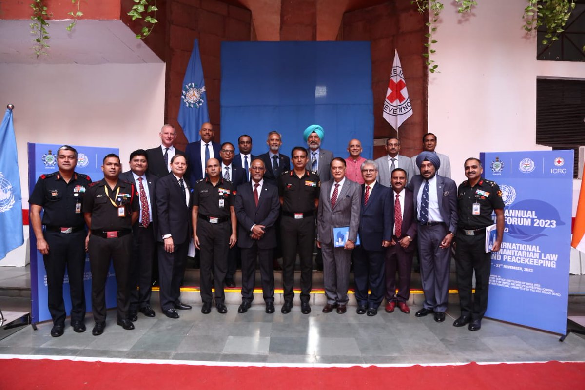 ICRC_nd's tweet photo. The two-day Annual Forum on IHL and Peacekeeping, jointly organized by @USIofIndia, @ICRC &amp; CUNPK, commenced today with remarks from Kedir Awol Omar, HoRD, @ICRC_nd; Lt Gen JP Mathew, Chief of IDS, MoD; Amb. Asoke Mukerji; Maj Gen BK Sharma, DG USI &amp; Maj Gen PK Goswami, DDG, USI. https://t.co/BEYISHEMEe