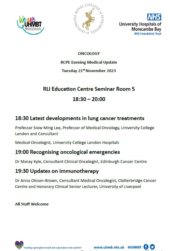 UhmbtEdCentre's tweet photo. Just a reminder that today's EMU session on Oncology will take place at 18:30 in Seminar Room 5, RLI Education Centre.
Access to the Centre via Centenary corridor, code provided in the email sent out.
#supportingdoctors #supportingpatientcare @aaroncumminsNHS https://t.co/Y2ZFkw8eFU