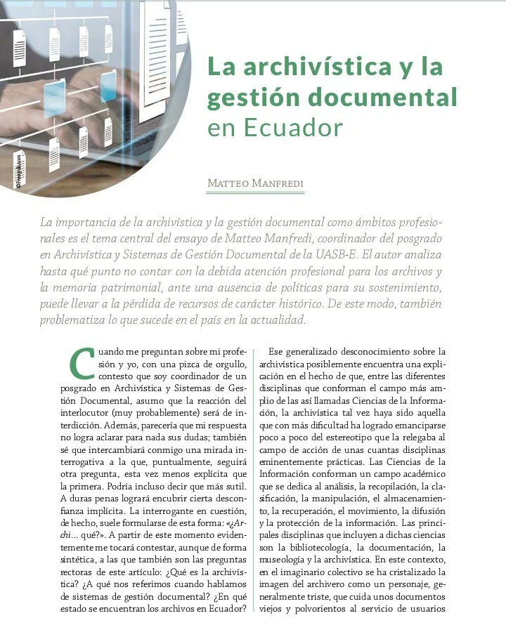 MatteoManfred11's tweet image. El n°8 de la revista &quot;Andina&quot; ya está publicado. Les comparto el enlace:  uasb.edu.ec/publicacion/an… En este numero está también una contribución mía sobre: &quot;La archivística y la gestión documental en Ecuador&quot;. Espero que sea de su interés. @uasbecuador