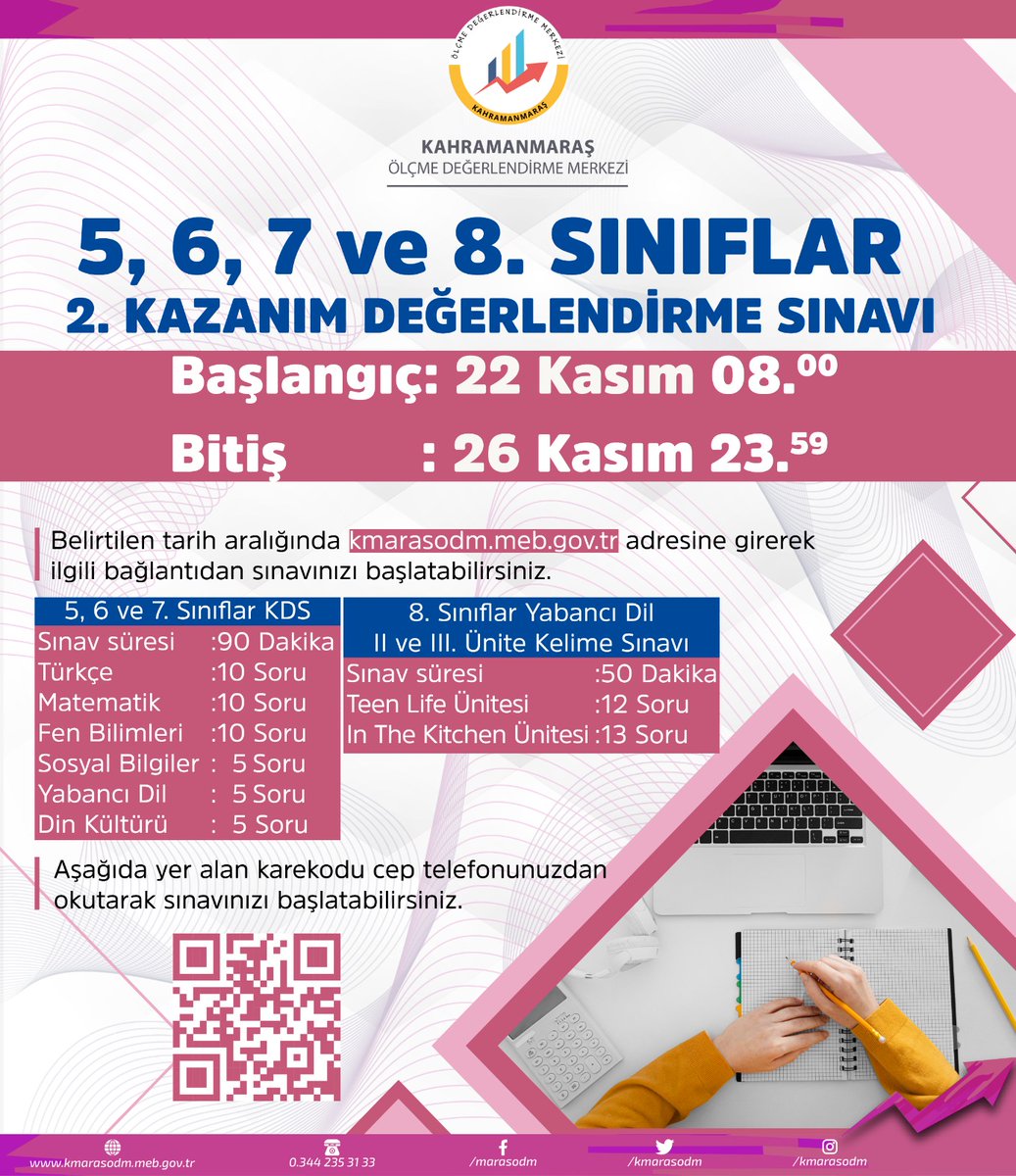 İl Milli Eğitim Müdürlüğümüz Ölçme Değerlendirme Merkezi tarafından ilimiz genelindeki 5, 6, 7 ve 8. sınıf öğrencilerimize yönelik çevrim içi 2. Kazanım Değerlendirme Sınavı yapılacaktır. Sınav giriş linki ⤵️ kmarasodm.meb.gov.tr