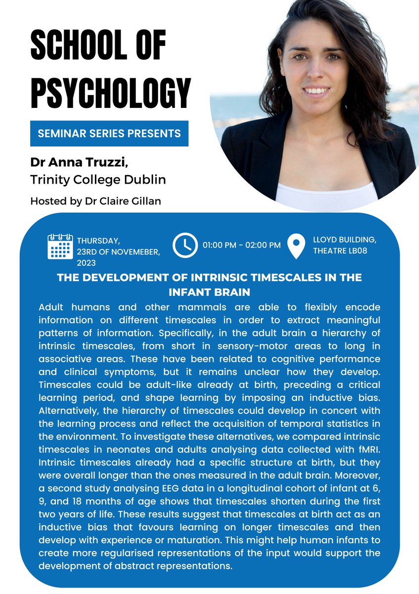 PsychologyTCD's tweet photo. Our next Psychology Seminar is this Thursday at 1pm from the 2023 winner of the postdoc paper prize 🏆Dr @anna_truzzi! Anna will speak about the development of intrinsic timescales in infants and as usual, join for ☕️🥪🧁 afterwards. https://t.co/TDtA05k6ll