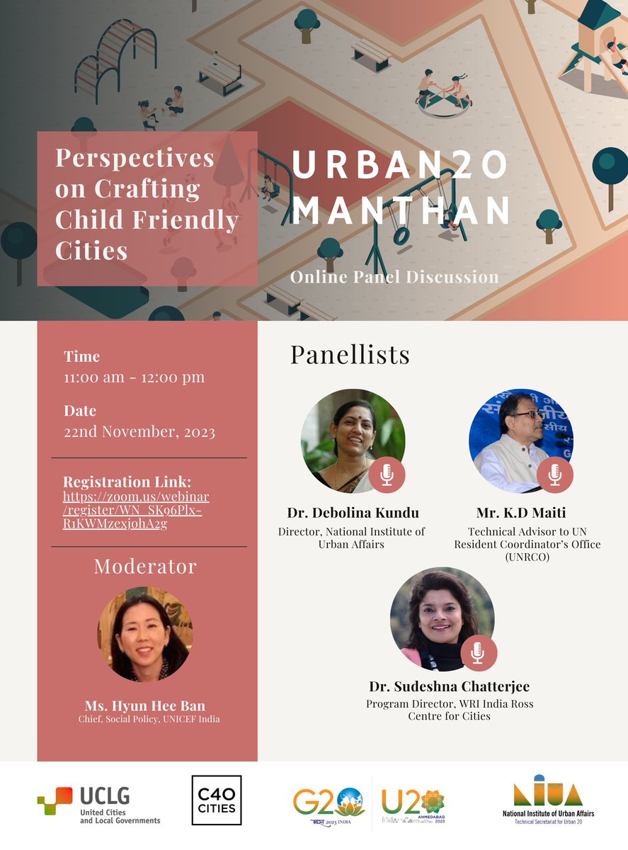 #StayTuned! Join us for the next #U20Manthan on 'Perspectives on Crafting Child-Friendly Cities. Together, let us build cities that nurture our future generations! 🗓️ 22nd November, 2023 🕐 11am - 12pm IST Joining Link👇🏻 lnkd.in/dxphjm5Z #G20India #U20Ahmedabad