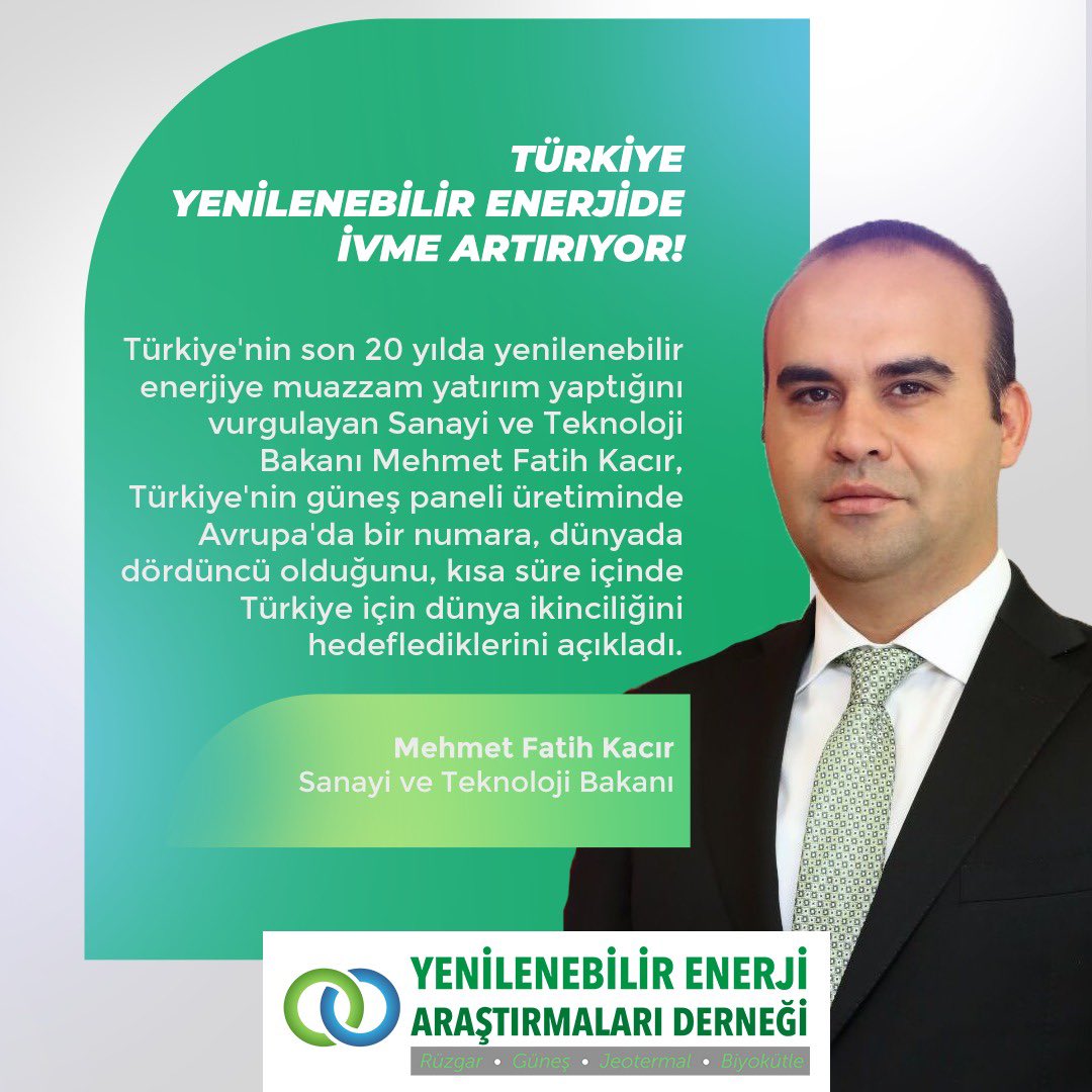 yenader's tweet photo. TÜRKİYE YENİLENEBİLİR ENERJİDE İVME ARTIRIYOR!

Türkiye'nin son 20 yılda yenilenebilir enerjiye muazzam yatırım yaptığını vurgulayan Sanayi ve Teknoloji Bakanı Mehmet Fatih Kacır, Türkiye'nin güneş paneli üretiminde Avrupa'da bir numara, dünyada dördüncü olduğunu, kısa süre https://t.co/7PuhdSt3uo