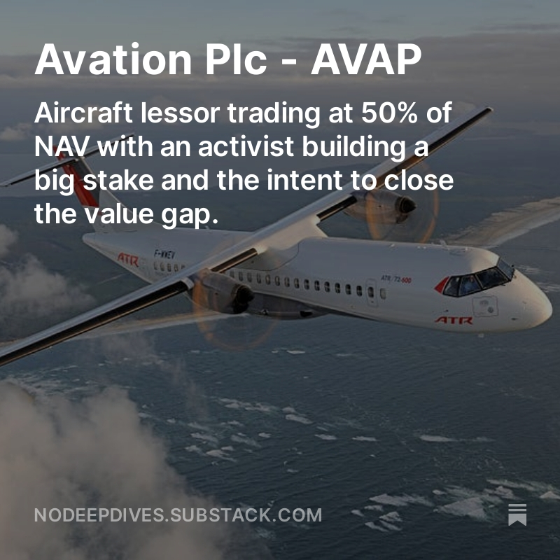 jefke00's tweet image. Finally posted a new write-up on the blog: Avation PLC #AVAP

It&apos;s a small aircraft lessor trading at a 50% discount to NAV. Activists (@puppyeh1 + SPV) recently got involved and now have a stake of over 25% 

AGM is this week,  I expect some noise soon

(Link in bio)