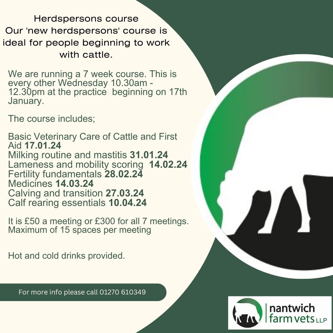 We are pleased to announce we are now taking bookings for our 'New Herdsperson' course😁 It is the ideal course for someone who is new to the Herdsperson role, or for those wishing to improve their knowledge. Please ring the office to book your place 01270 610349