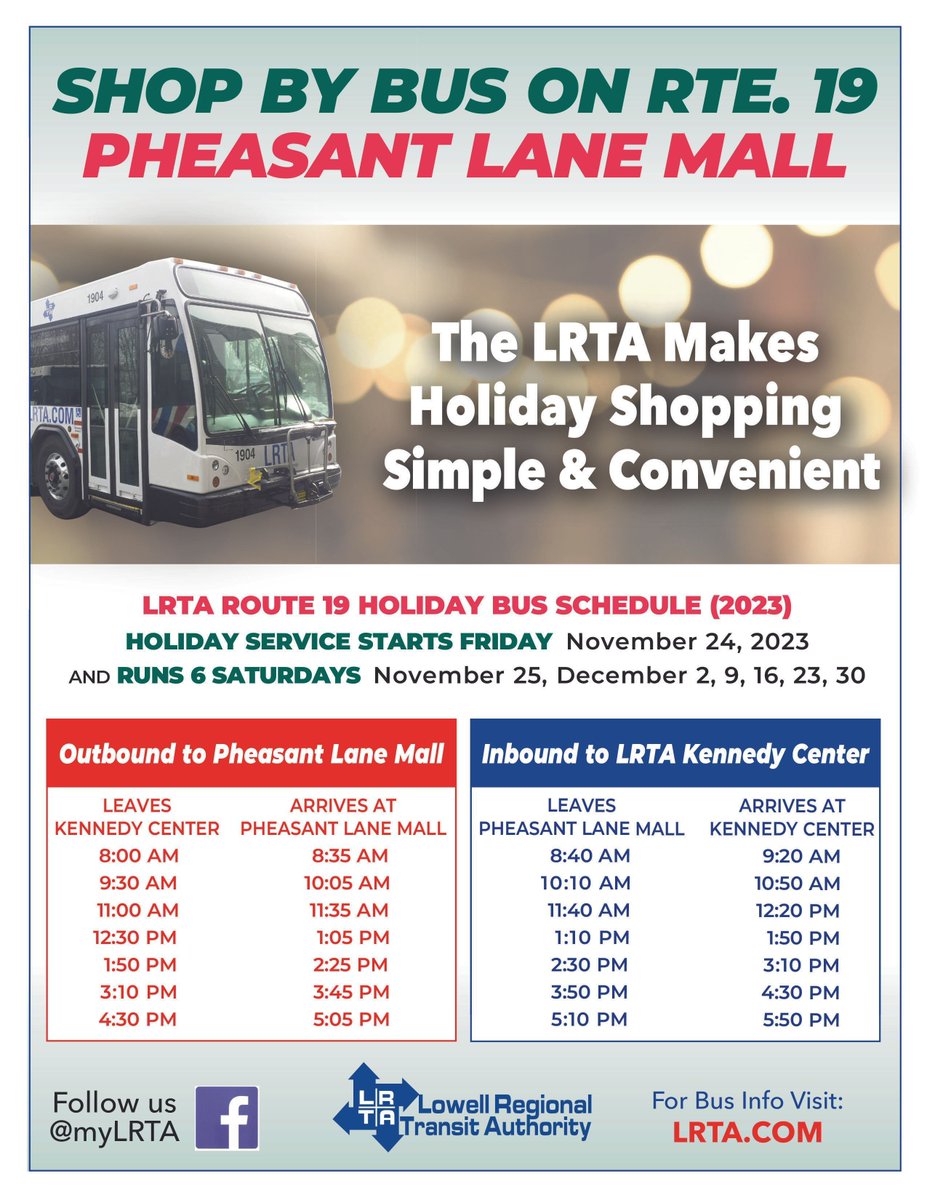 The LRTA Holiday Bus Route to Pheasant Lane Mall service starts on Black Friday, November 24, 2023. It will run 6 Saturdays, November 25, December 2, 9, 16, 23 and 30. Click the link to download the Rte 19 Pheasant Lane Mall Schedule buff.ly/3R58vuw