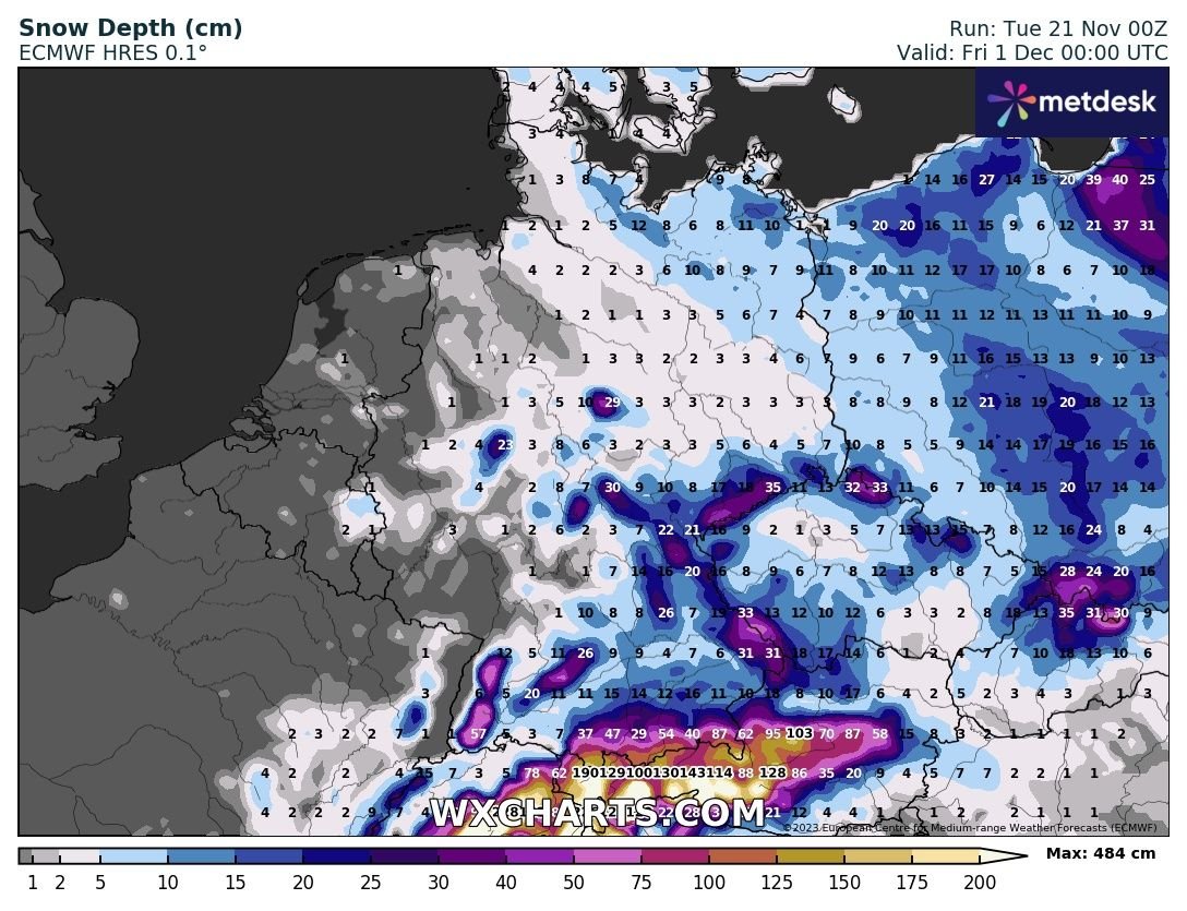 Das ist ein feines Bildchen. Schnee in Deutschland!? Viele Modelle sind da noch deutlich verhaltener. Fest steht, dass wir ab Donnerstag kalte Luftmassen aus Skandinavien bekommen. Dazu fällt auch mal was Festes aus den Wolken. Ob es für Schneedecken reicht? Noch etwas Geduld!