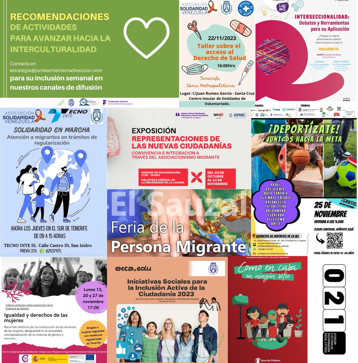 💚Recomendaciones de planes para avanzar hacia la #interculturalidad estos días:
🗓️X22: acceso al derecho de la #salud, con <a href="/SolidaridadVen2/">SolidaridadVenezuela</a>.
🗓️J23 y V24: #interseccionalidad, con <a href="/IgualLab/">Igual Lab</a>.
🗓️Hasta el V24: #exposición de nuevas #ciudadanías en la @ull.

#TenerifeViveDiversidad